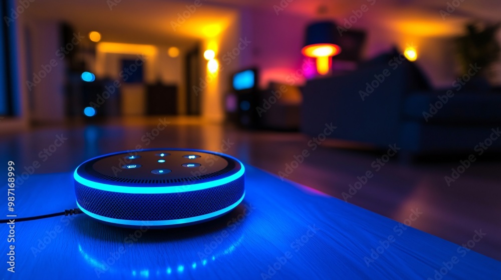 Poster A living room with a smart assistant managing all aspects of home automation from sound systems to temperature control and security Large space for text in center Stock Photo with copy space