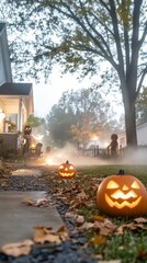 Halloween decorations featuring glowing pumpkins string lights