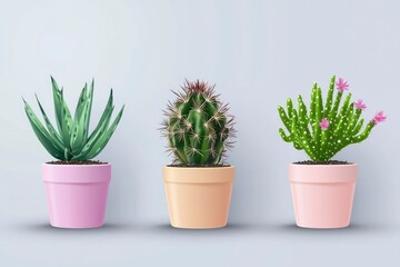 Fototapeta premium Cactus and succulent plants in pots. Ornamental plants in a minimalist style building. Design concept for decorating a bedroom or living room wall , ai