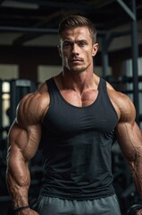 Fototapeta premium A muscular man poses confidently in a gym, showcasing his well-defined physique during a late afternoon workout session.