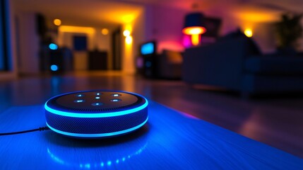 A living room with a smart assistant managing all aspects of home automation from sound systems to temperature control and security Large space for text in center Stock Photo with copy space