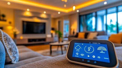 A smart home control panel showing real-time data on energy usage lighting settings and temperature control within the home Large space for text in center Stock Photo with copy space