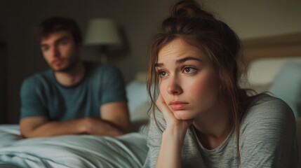 Young couple experiencing emotional distress, sitting in a bedroom environment, highlighting feelings of sadness and contemplation.