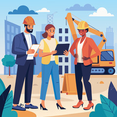 Construction Site With Excavators on Sunny Day: Diverse Team Of Male And Female Real Estate Developers Discussing Project. Engineer, Architect, Investor Talking About Apartment Building. Vector Art.