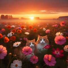 Fototapeta premium Gatos en el atardecer en un campo de flores