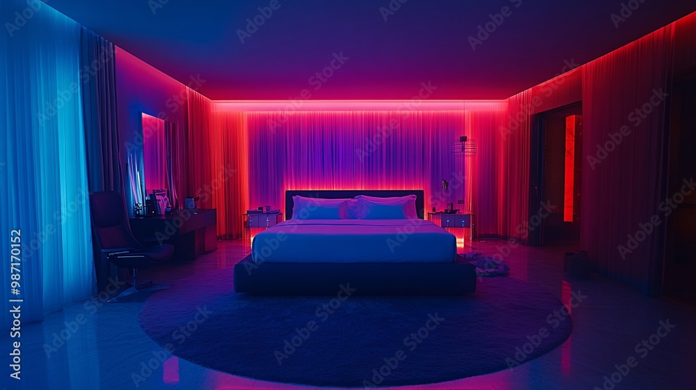 Aufkleber A bedroom equipped with smart lighting and automated curtains that adjust brightness and privacy based on the time of day Large space for text in center Stock Photo with copy space