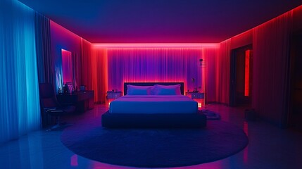 A bedroom equipped with smart lighting and automated curtains that adjust brightness and privacy based on the time of day Large space for text in center Stock Photo with copy space