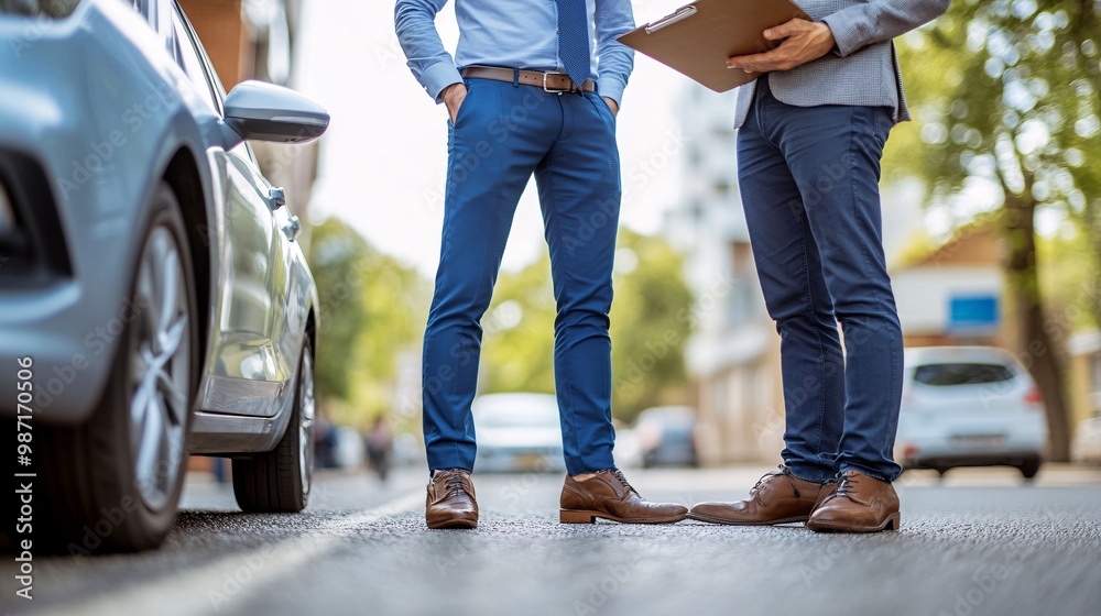 Poster A close-up of a sleek eco-car with an insurance agent and the owner reviewing contract terms by the vehicle while standing next to the car Large space for text in center Stock Photo with copy space