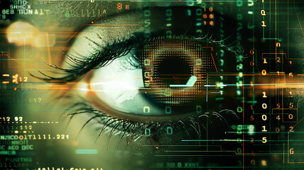 Software engineer working on computer. Line of code. Developer. Close up of young woman being scanned her eyes by security system with code binary background