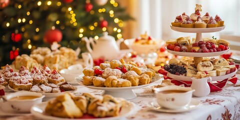 A table full of desserts and a Christmas tree in the background. Scene is festive and celebratory