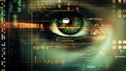 Software engineer working on computer. Line of code. Developer. Close up of young woman being scanned her eyes by security system with code binary background