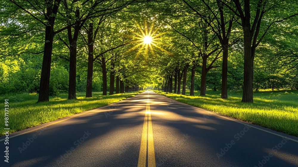 Poster an eco-friendly car driving along a sunny countryside road surrounded by trees with a focus on the h
