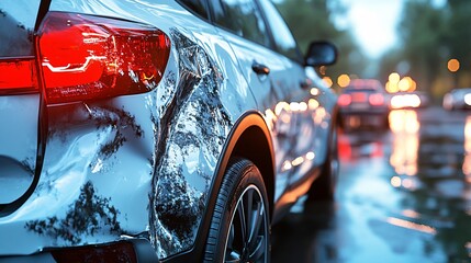 A side view of an eco-car slightly dented from an accident with a calm driver and insurance adjuster assessing the situation with light reflecting on the cars body Large space for text in center