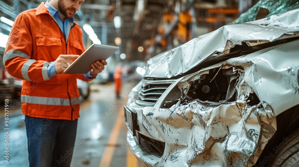 Poster an eco-car being serviced in a clean professional garage after an accident with the insurance agent 