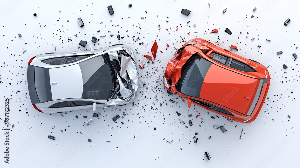 Poster A minimal vector design of two cars involved in a minor collision viewed from above on a flat background showing damage points on both vehicles Large space for text in center Stock Photo with copy