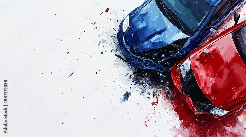 Poster A minimal vector design of two cars involved in a minor collision viewed from above on a flat background showing damage points on both vehicles Large space for text in center Stock Photo with copy