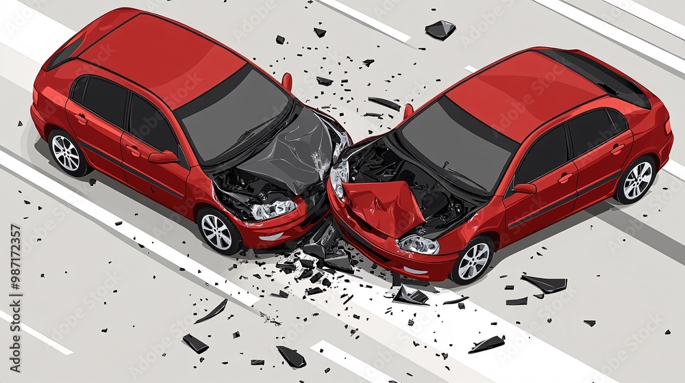 Poster A minimal vector design of two cars involved in a minor collision viewed from above on a flat background showing damage points on both vehicles Large space for text in center Stock Photo with copy