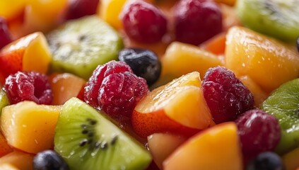Fresh fruit salad with kiwi, raspberries, and blueberries.