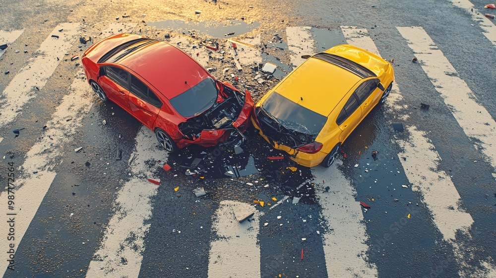 Poster minimalist digital art of a car accident scene from a top-down perspective with simplified eco-cars 