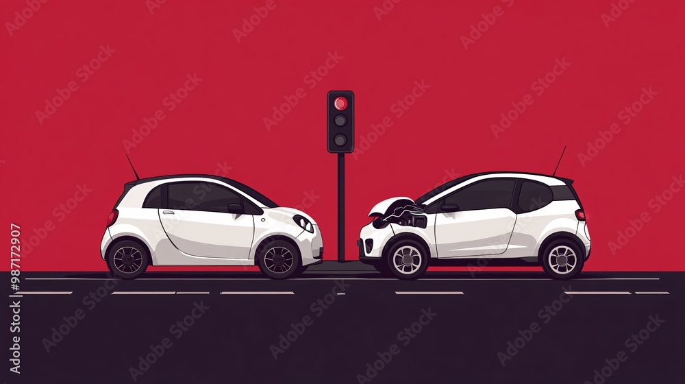 Aufkleber a minimal digital art of two eco-cars bumping into each other at a traffic light in a modern vector 