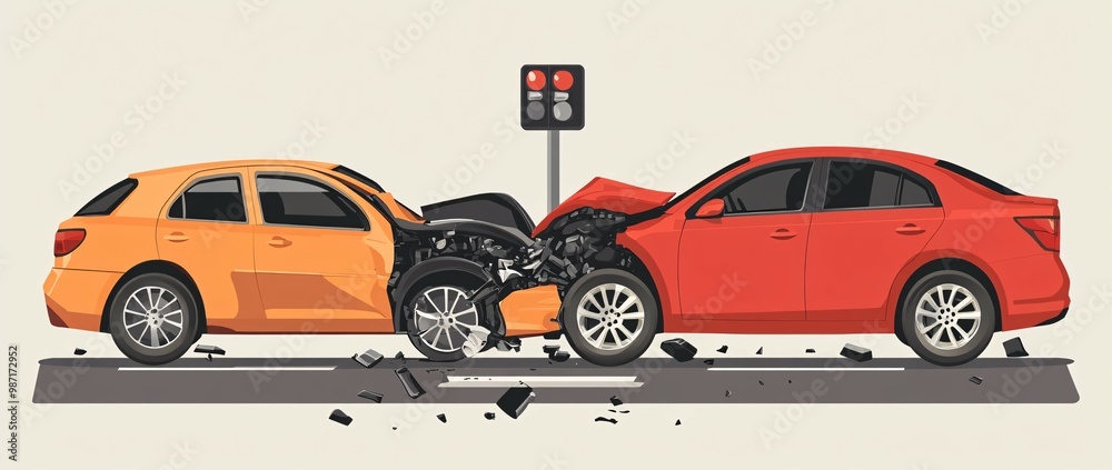 Poster a minimal digital art of two eco-cars bumping into each other at a traffic light in a modern vector 
