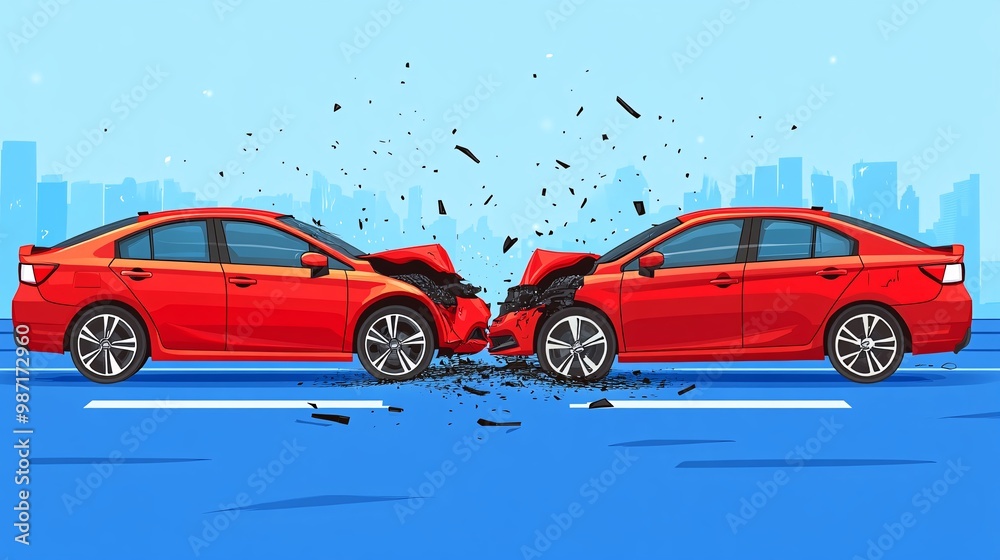 Aufkleber Flat vector artwork showing a side-by-side comparison of two cars before and after an accident with text boxes to explain insurance coverage options Large space for text in center Stock Photo with