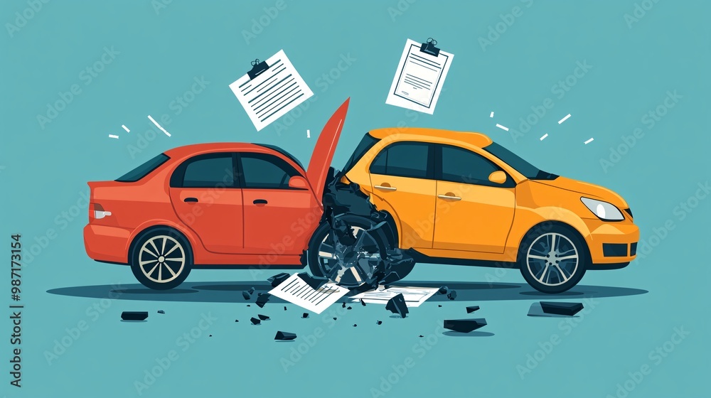 Poster minimalist illustration showing two vehicles post-accident with insurance forms and simplified icons