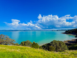 View of a park in New Zealand. Blue ocean and green grass field on spring day. Duder Park.