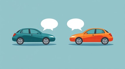 Obraz premium Vector image showing two eco-cars in a rear-end collision with speech bubbles above the drivers talking about insurance solutions in a minimal style Large space for text in center Stock Photo with