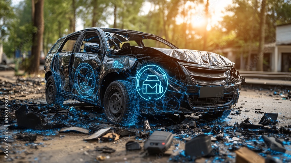 Poster A digital art piece of an eco-car being towed after an accident surrounded by vector-style icons for insurance coverage and emergency response services Large space for text in center Stock Photo with