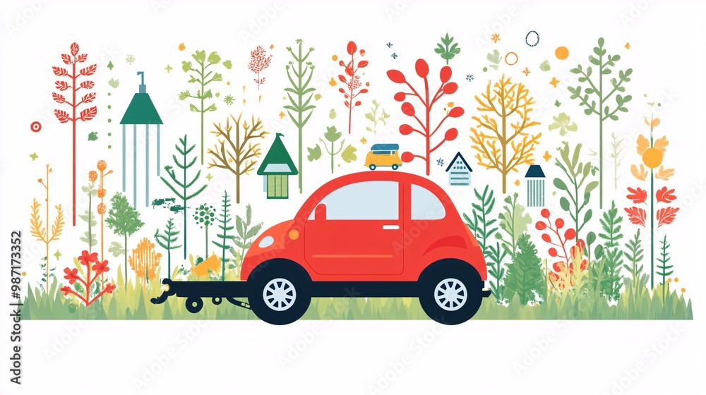 Poster A digital art piece of an eco-car being towed after an accident surrounded by vector-style icons for insurance coverage and emergency response services Large space for text in center Stock Photo with
