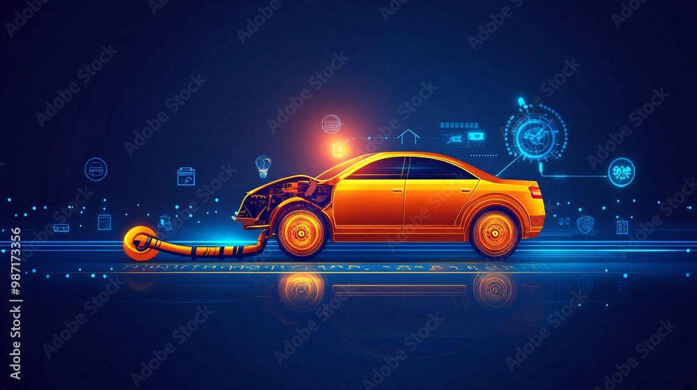 Poster A digital art piece of an eco-car being towed after an accident surrounded by vector-style icons for insurance coverage and emergency response services Large space for text in center Stock Photo with
