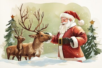 A cheerful Santa interacts with two reindeer in a snowy landscape, surrounded by evergreen trees, evoking a festive Christmas spirit.