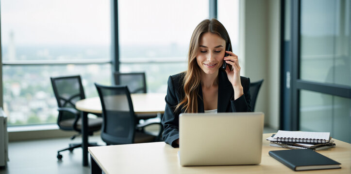 A  business woman is discussing a new strategy over the phone in a bright and productive office (with copy space).