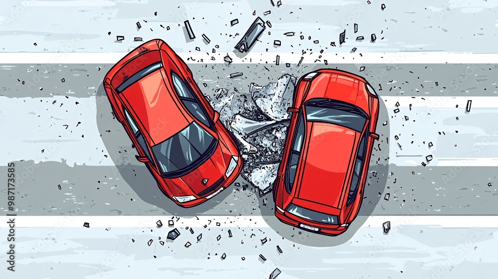 Poster a simplified top-view vector illustration of two cars involved in a head-on crash with icons represe