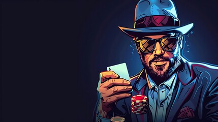 A stylish man in sunglasses holds playing cards and poker chips, exuding a gambling vibe.