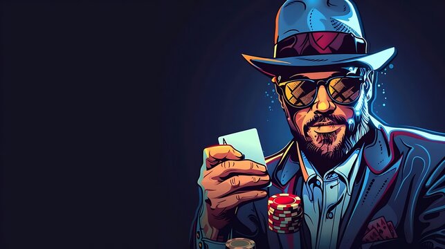 A stylish man in sunglasses holds playing cards and poker chips, exuding a gambling vibe.