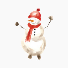 Cheerful watercolor snowman with scarf