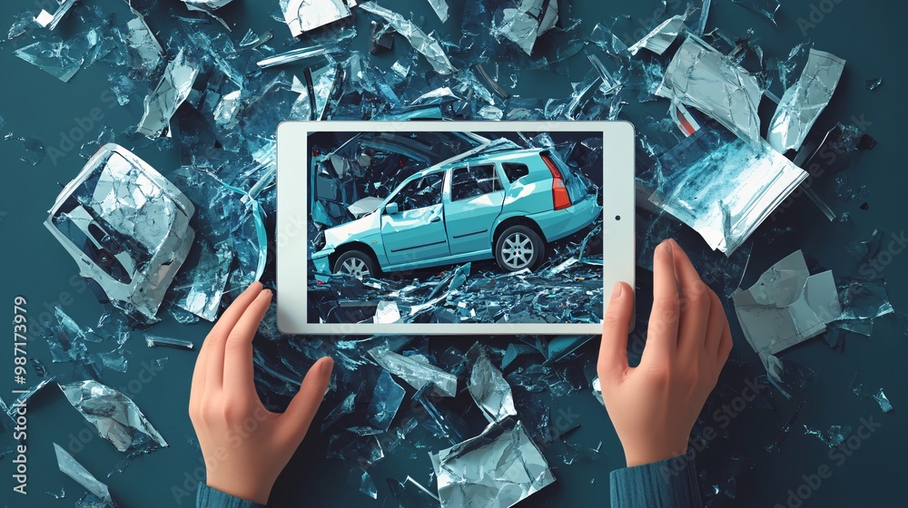 Aufkleber Flat lay vector scene of a car accident report being filled out at an insurance office desk with simplified images of the crash displayed on a tablet Large space for text in center Stock Photo with