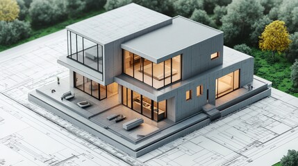 Fototapeta premium Modern house model on blueprint with green lawn and trees in the background.
