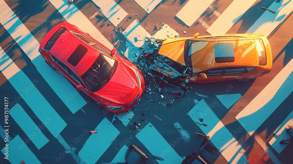 Poster Digital vector art of two cars colliding at an intersection viewed from above with bright flat colors and simple iconography representing insurance coverage Large space for text in center Stock Photo