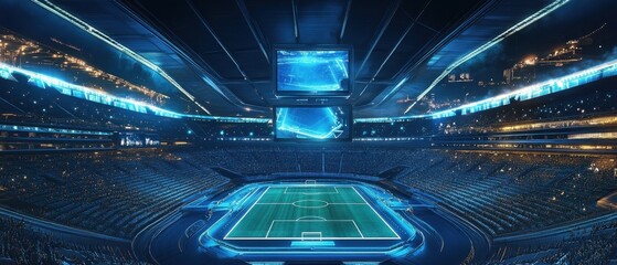 A high-tech stadium hosting a futuristic sports event with holographic fans and players