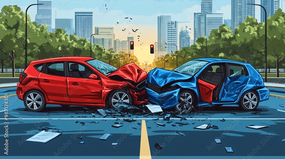 Poster flat vector illustration of a car accident on a city street with both vehicles lightly damaged and f
