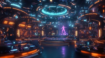 A sleek futuristic nightclub with holographic DJs and dancers under neon-lit structures