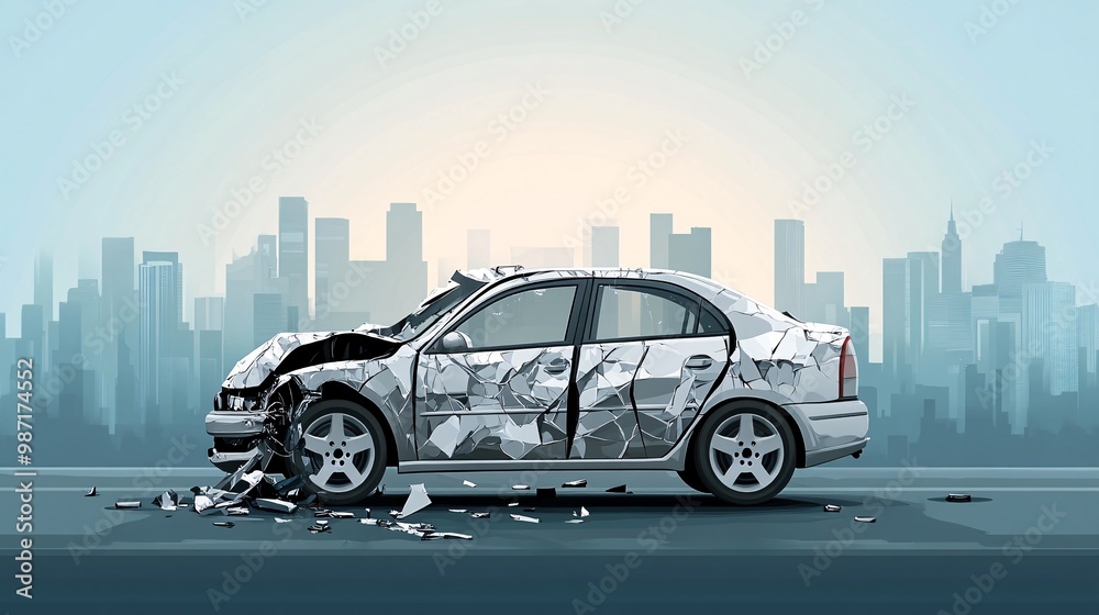 Aufkleber Vector-style infographic showing a step-by-step guide to the insurance claim process with an eco-car involved in an accident as the central element Large space for text in center Stock Photo with