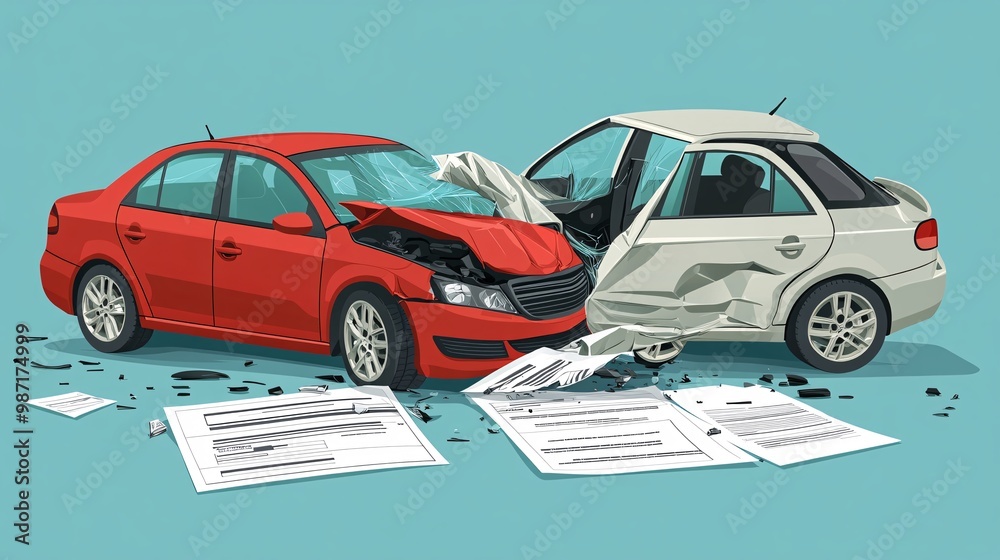 Aufkleber digital vector art showing two cars in a small accident with simplified wrecked parts and insurance 