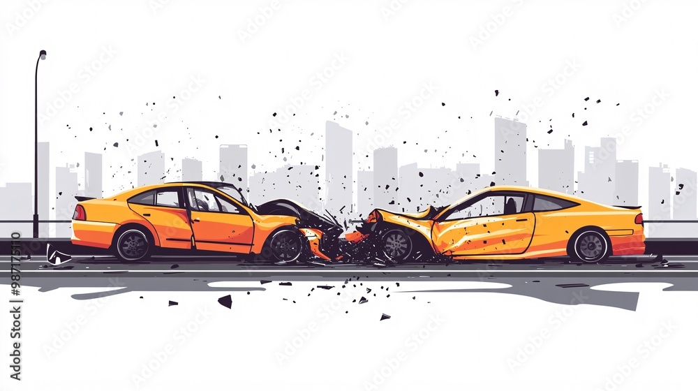Poster digital vector art showing two cars in a small accident with simplified wrecked parts and insurance 