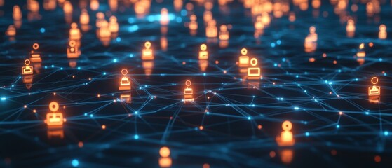 Abstract representation of social networks with glowing nodes and user profiles linked by data streams