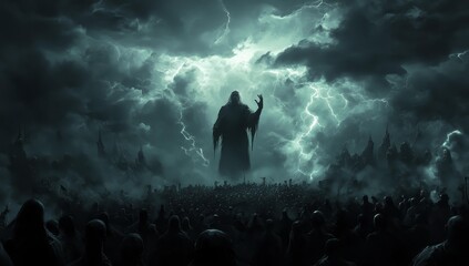 Dark figure leads hooded army in storm.