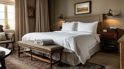 Charming boutique hotel room with luxurious bedding and a welcoming atmosphere
